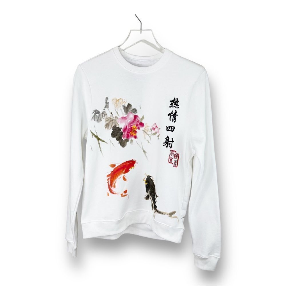 Blind‎ Rooster White w/Koi Pond Graphic Crewneck Pullover Sweatshirt Sz S